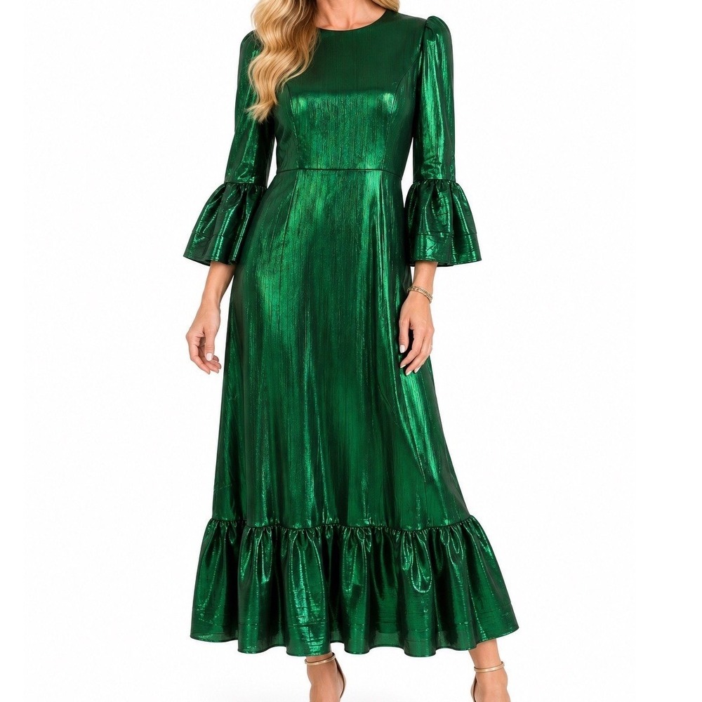 Tuckernuck Pomander Place Lillith Emerald Green Metallic Ruffle Maxi Dress L